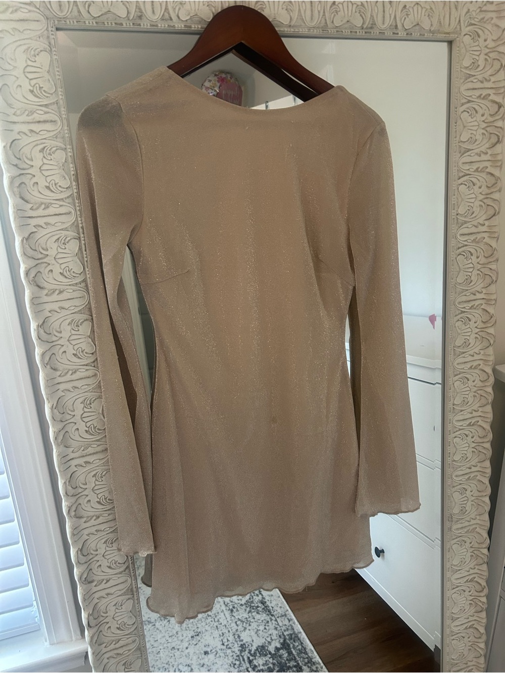 Backless Long Sleeve Shimmery Beige Mini Dress